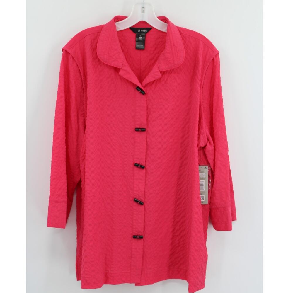 Ali Miles Blouse 1X Crinkle Pink Artsy 3/4 Sleeve New